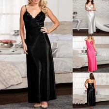 Womens Sexy Ladies Lingerie Nightie Nightdress Long Silk Satin Dress Sleepwear