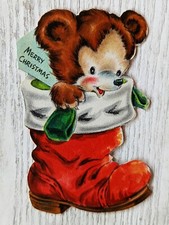 Vintage 1947 Hallmark Bear Stocking Die Cut 40s Christmas Greeting Card (EB3256)