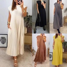 Plus Size Women's Casual Dress Summer Beach Pockets Holiday Pleated Long Dresses