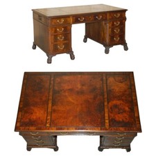 ANTIQUE RESTORED LIONS HAIRY PAW FEET BROWN LEATHER PEDESTAL DESK BRAHAM LOCKS