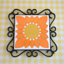 Vintage Mid Century Ceramic Orange Flower Trivet Plant Mat Retro 60s 70s
