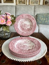 Vintage Set 5 Red EIT England Soup Plates English Medieval Scenery Castle Floral