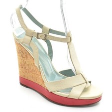 Womens Nicole Farhi Cork Platform Wedge Sandals 36 / 6 Cream Leather Heels Shoes