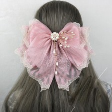 Girls Hair Clip Faux Pearl Beaded Tulle Voile Bowknot Headwear Headdress Tiara