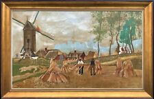Large 1950s Vintage Naive School Windmill Hay Farming Landscape Oil Painting