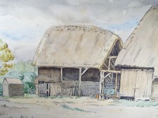 Original Charcoal & Watercolour, 'Thatched barn', Circa 1930's