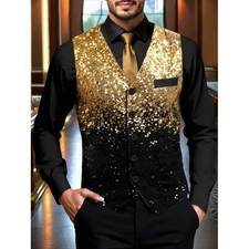 Men's Sequin Waistcoat Jacket Glitter Black Gold Shiny Sparkly Formal Vest Coat