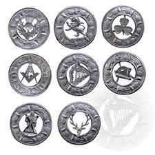 KILT FLY PLAID BROOCH LARGE WITH SCROLLING THISTLE BORDER VARIOUS DESIGNS