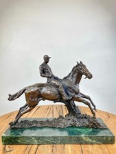 Bronze Statue On Marble Base of Horse and Jockey sculpture 