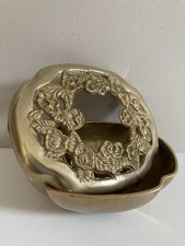 Brass Vintage Trinket Box Dish Jewellery Tray Floral Lid Excellent Condition 