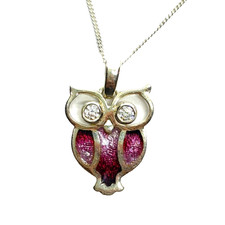 ORTAK MG MALCOLM GRAY Sterling Silver Pink Enamel Owl Pendant Necklace