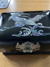Inlaid With Mother Of Pearl Jewellery Box Cranes And Fishes Mirror Inside Lid