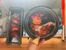 Vintage Black Roses And Castles Hand Painted Metal Plate & Tray Set Canal Ware
