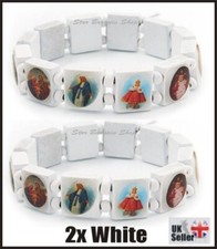 2X WHITE Wooden Elasticated Saints Bracelet Jesus Wristband Religious Saints NEW