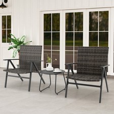 3 Piece Outdoor Bistro Set with Metal Frame Rattan Chairs and Round Side Table