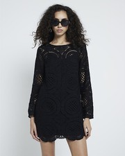 River Island Womens Mini Dress Black Long Sleeve Lace Round Neck Casual