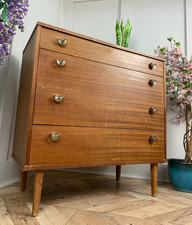 MID CENTURY VINTAGE AVALON YATTON TEAK CHEST OF FOUR DRAWERS RETRO TALLBOY 33"H