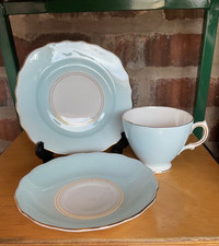 Royal Vale Pale Blue Pastel Harlequin Bone China Cup, Saucer and Plate. Vintage 
