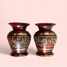 Set of 2 Vintage Brass Vases with Black Floral Etched Design India Made Used