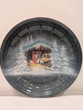 Vintage West German Round Enameled Tin Christmas 10" Cookie Cake Serving Bowl
