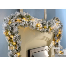 9FT Deluxe Super Thick Christmas Garland & LED Snow Flocked Fireplace Door Decor