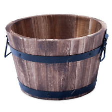 Round Wooden Barrel Planter 30cm Burnt Wood Garden Pot with Handles Outdoor Tub