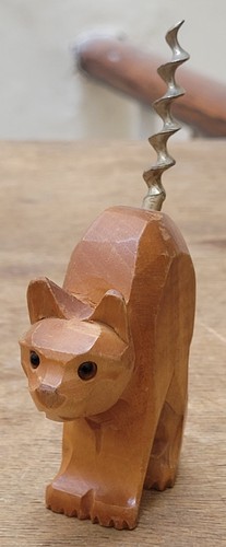 Vintage wooden cat corkscrew - wooden,