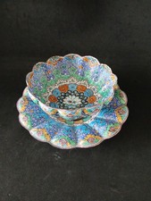 Vintage Persian Islamic Mina Kari Hand Painted Enamel Over Copper Bowl Plate Set