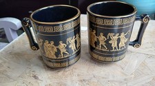 pair of Greek Black Ceramic Mugs 24K Gold Handmade Mythology Scene Greece