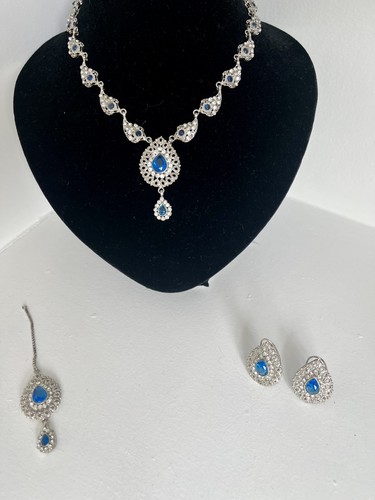 Silver crystal blue necklace - silver,