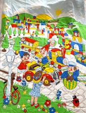 Vintage Children’s Cotton Fabric Panel – Colourful Train & Town Scene 98x122cm