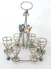 Silver Plated Egg Set With Stand Six Wirework Cups And Six Spoons Marked 90
