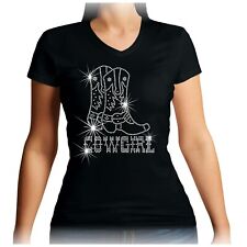 V neck Cowgirl Boots Rhinestone t shirt - Line Dancing Ladies sizes Listed 8-24