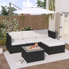Rattan Garden Outdoor Furniture Sofa Set With Cushion & Glass Table 5pcs