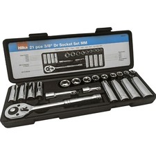 Hilka Metric Socket Set Inc 3/8in Ratchet Wrench Ext Bars Deep & Shallow Sockets