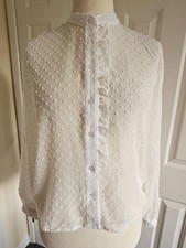 Primark - White Raised Spot, Frill Trim, Sheer, Long Sleeve Blouse - UK10/EU38