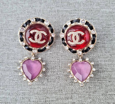 Chanel Red Pink Heart Dangle Crystal CC Logo Stud Earrings with Box