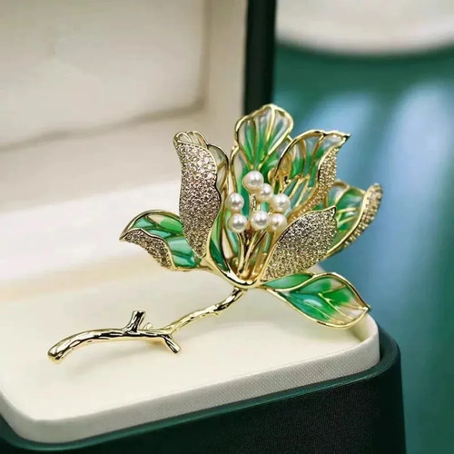 Gold green lotus flower - lotus, brooch