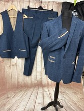 Marc Darcy Dion 3 Piece Tweed Suit Navy Blue Red Slim 52” Jacket W44 W46