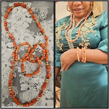 3X  Bracelet & Traditional Long Coral African Nigeriana Women Beads Necklace 