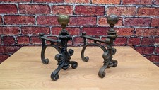 Antique Edwardian Brass Companion Andirons Rests Set Fireplace Used