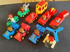 9 Vintage Duplo Vehicles, drivers, cars, helicopter, caravan, motor bike  etc