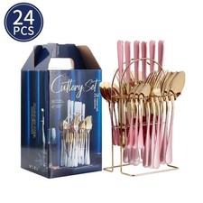 24PC CUTLERY DINNER SET STAINLESS STEEL METAL STAND RACK FORKS TEA SPOONS POLISH