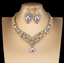 Women's Choker  Sparkling AB Crystal Gold Tone Jewellery set Necklace & Earrings