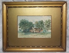 Antique Signed Landscape Countryside House Gold Framed Mounted 46x36