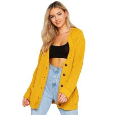 Women Ladies Cable Chunky Knit Cardigan Button Long Sleeves Grandad Cardigan
