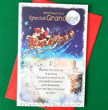 Special Grandson Christmas Card 9"x6" Nice Message Verse Words Father Sledge