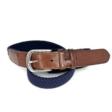 Hackett London Woven Belt Mens Large L Navy Blue Brown Leather Elastic Surcingle