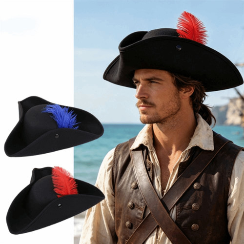 Black tricorn hat with feather - hat,