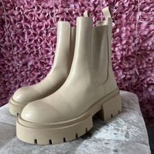 WOMENS H&M UK 5 EU 38 BEIGE/CREAM FAUX LEATHER CHUNKY HIGH ANKLE CHELSEA BOOTS